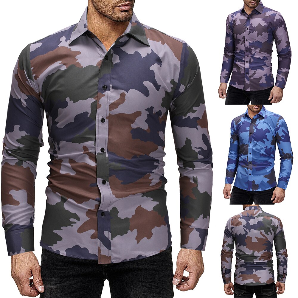 Efterår herre camouflage skjorter herre slim fit casual skjorte toppe mænd camo langærmet skjorte m -3xl