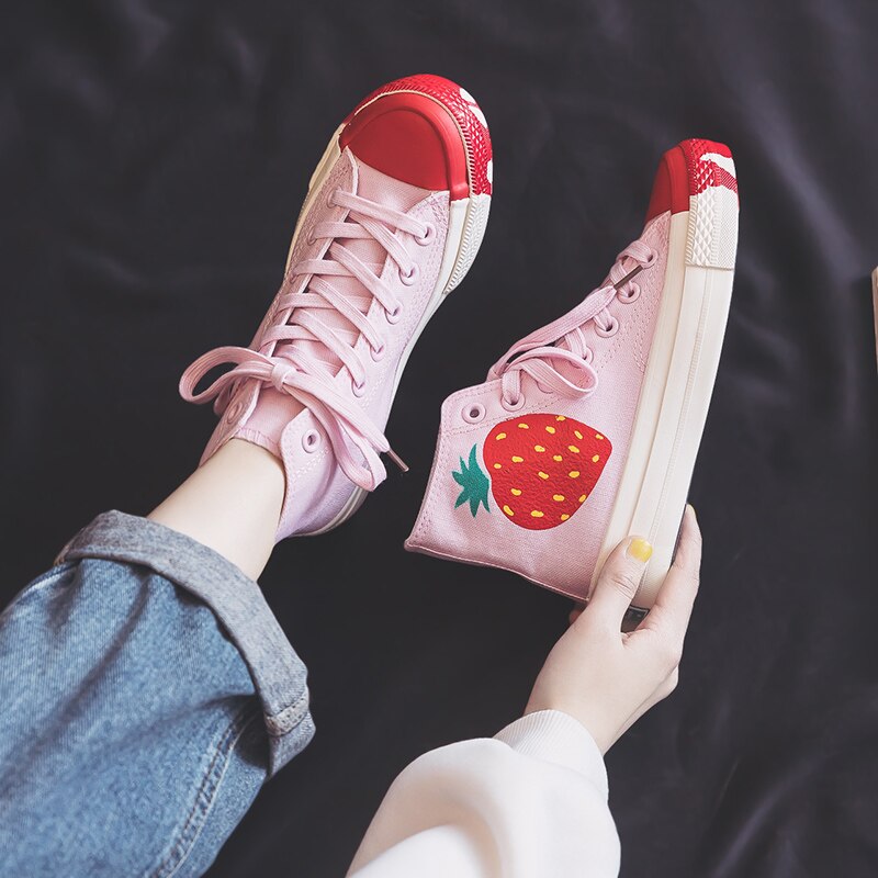 High top canvas sko til kvinder forår jordbær sko grønne blade skateboard sko udendørs fodtøj smarte sneakers
