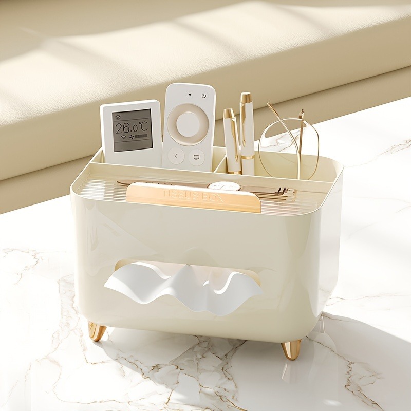 1pc, Multifunctional Desk Organizer, Tissue Boxes, Remote Control And Miscellaneous Storage Box, Car Desktop Tissue Holder: WHITE