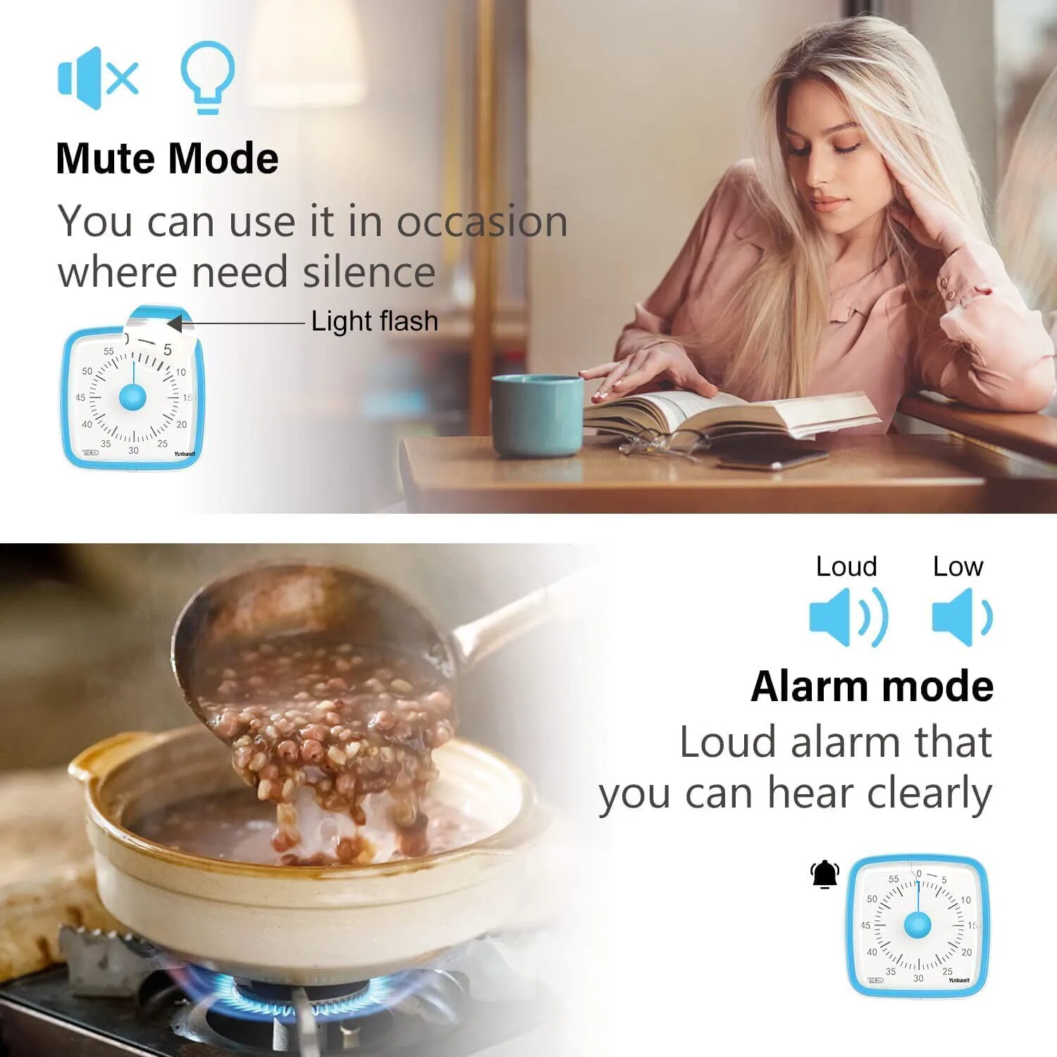 Yunbaoit Visual Timer with Night Light, 60-Minute Countdown Timer for Kids and Adults, Silent Timer for Home, Kitchen, Or School