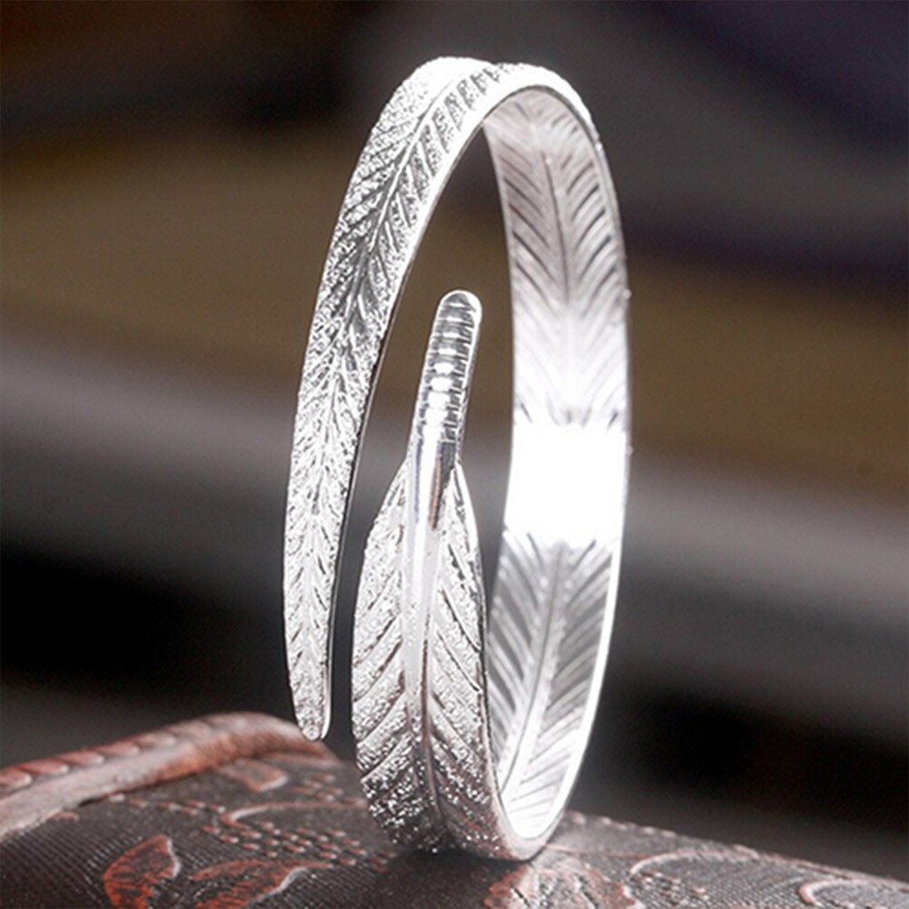 Salg kvinder vintage sølv forgyldt fjer manchet armbånd justerbar åbning bangle smykker