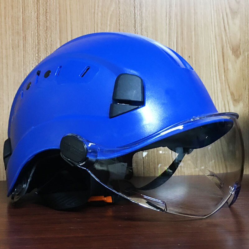 Sikkerhedshjelm med mørke beskyttelsesbriller udendørs klatring ridning beskyttelseshjelme arbejder redning hard hat abs arbejdshætte: Blå klar linse
