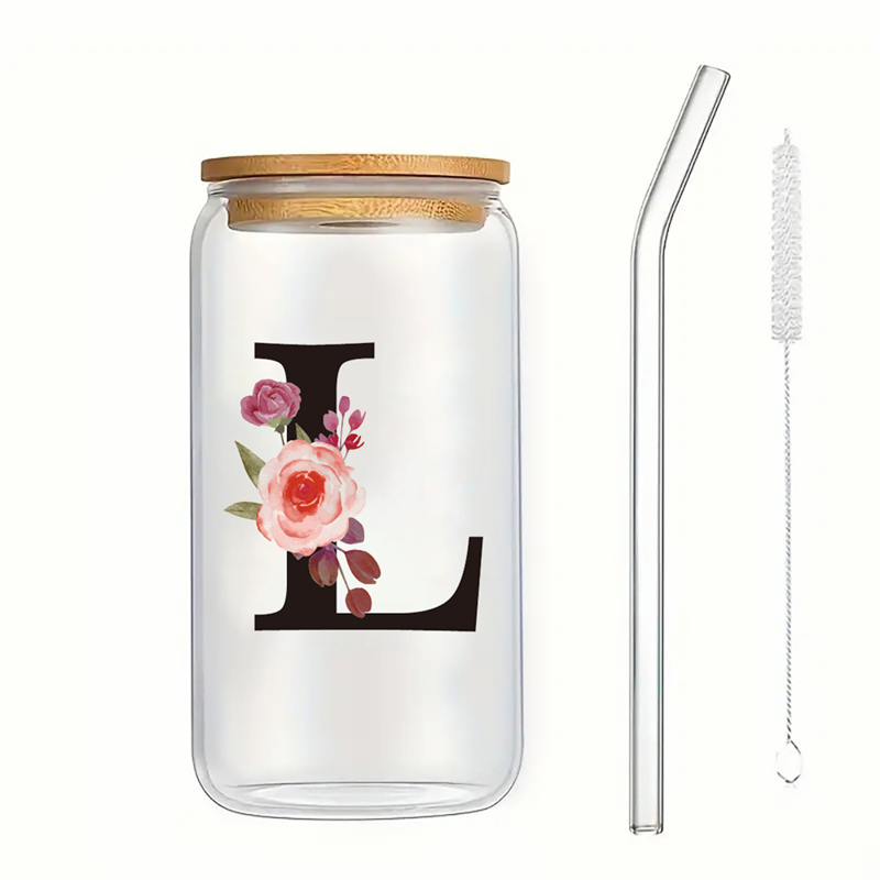 Alphabet Flowers Drinking Glass Letter A-Z Iced Coffee Water Juice Bottle Portable Clear Cup with Lid Straw Brush Birthday