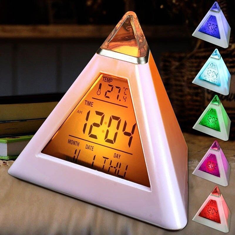 Digital LED Alarm Clock 7 Colors Changing Night Light Time Temperature Display Pyramid Shape Desk Clock