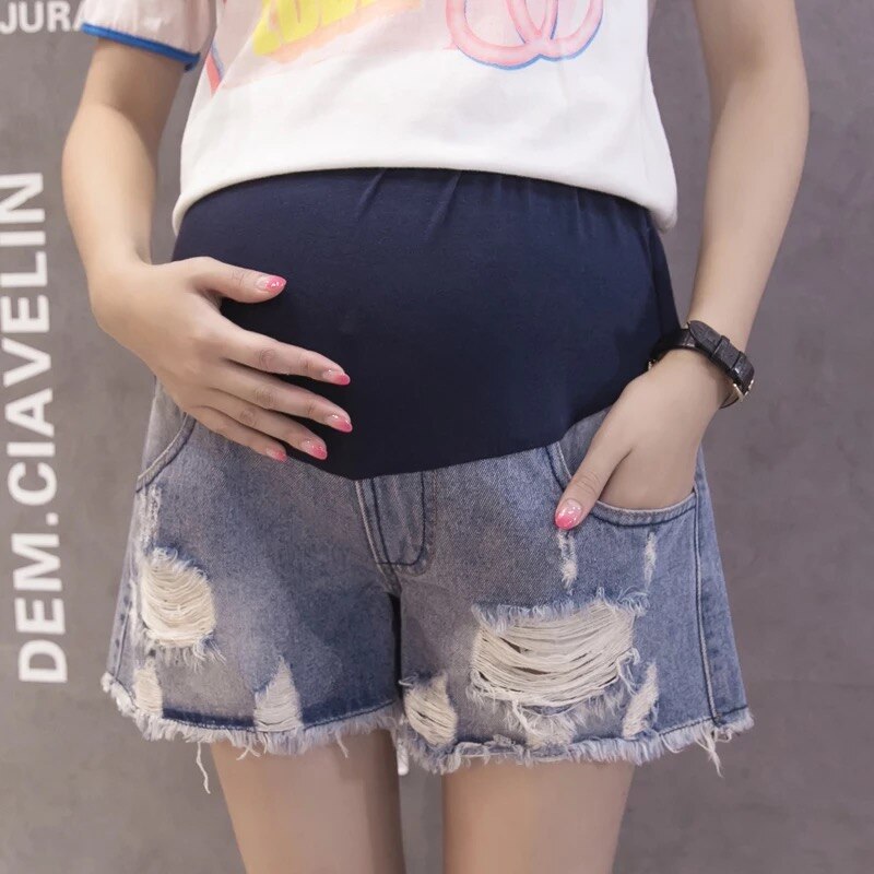 Frühling Sommer Shorts Premama mit Farbe Loch Mutterschaft Jeans Shorts Pflege Bauch Denim Shorts für Schwangere Kurze Hosen