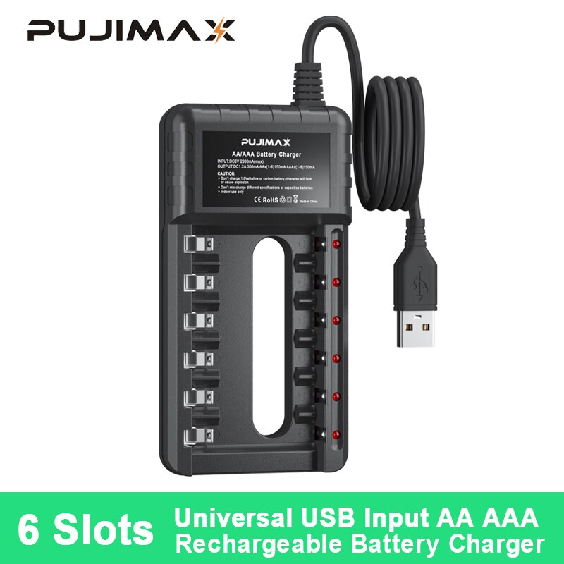 Pujimax 6 Slots Battery Charger Adapter Intelligente Snelle Led Indicator Usb Oplader Voor Aa/Aaa Ni-Mh/Ni-cd Oplaadbare Batterij