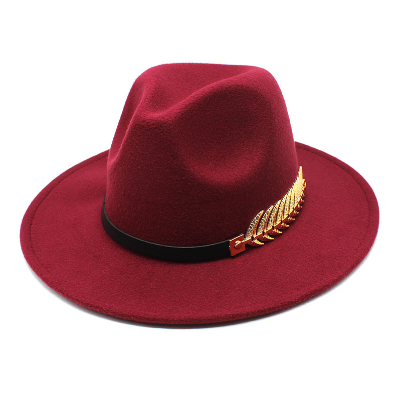 Chapeau en laine à large bord pour femme, chapeau avec chaîne de feuilles en métal, style Jazz, britannique, rétro, Fedora, à la , église, Panama, automne et hiver: Rose red / M 56-58CM