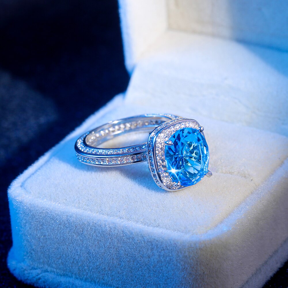 Huitan luxo céu azul zircão pedra anéis de casamento para as mulheres vintage presente de aniversário para a esposa elegante anel de jóias de noivado