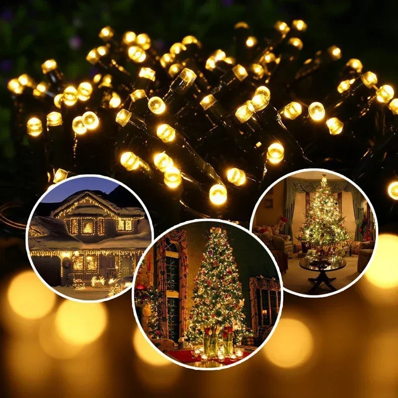 Guirnaldas de luces alimentadas por energía Solar para exteriores, guirnalda de calle impermeable para jardín, casas, decoraciones navideñas, cadena de tira de luces, 50/100/200
