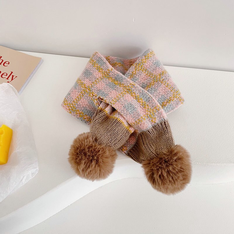 Mode Stiksels Plaid Kinderen Pompom Cross Sjaal Herfst En Winter Jongens En Meisjes Baby Warm Gebreide Sjaals: fenhuihuangkaqi