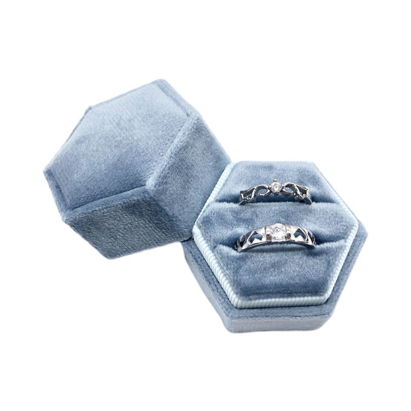 Caja de anillo de terciopelo hexagonal soporte de exhibición de anillo doble con tapa desmontable soporte de caja de anillo para ceremonia de boda: 5