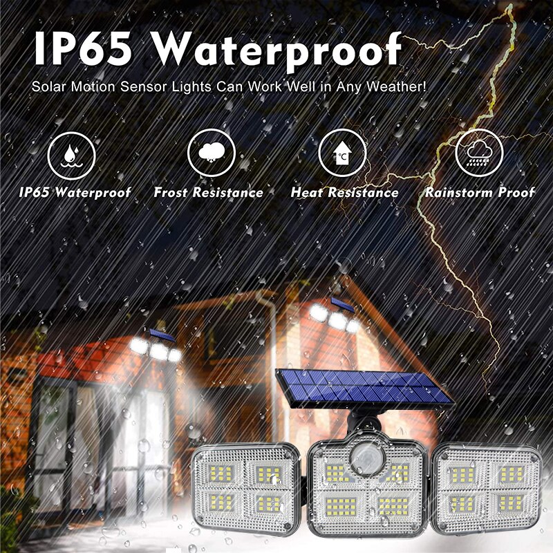 Solar Led Light Outdoor Lighting 3 Head Motion Sensor Wide Angle Illumination Super Bright Waterproof Remote Control Wall Lamp