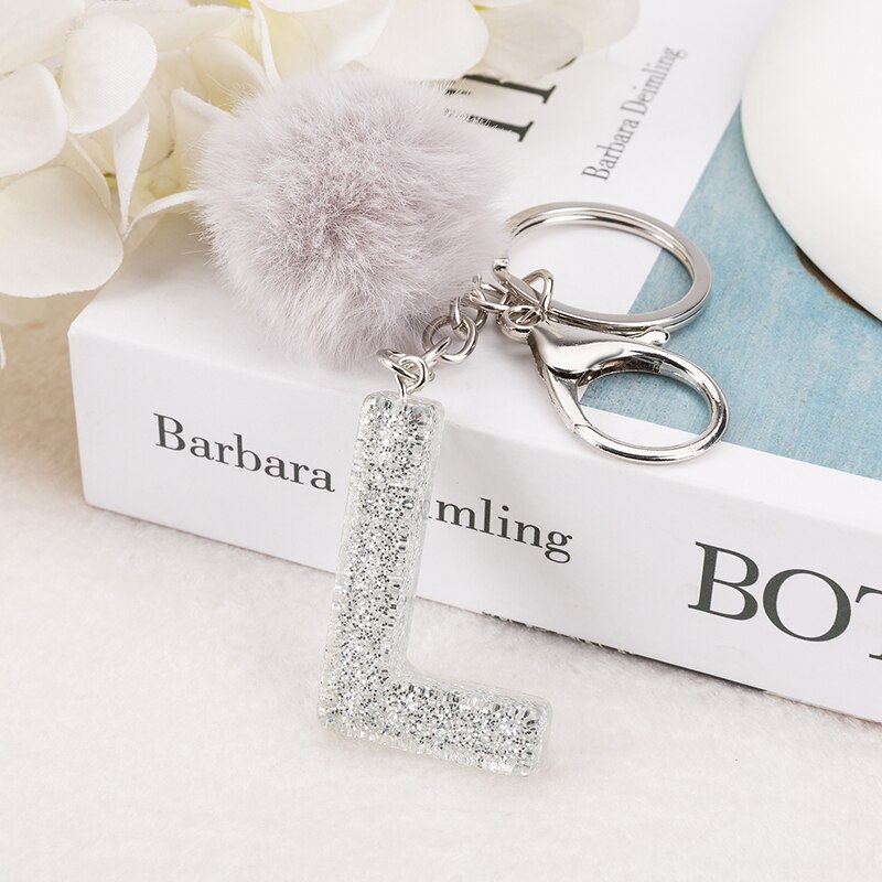 1 PC Sleutelhanger Zilver Kleur Engels Brief Sleutelhanger met Puffer Bal 26 Engels woord Glitter Hars A TOT Q Handtas bedels voor Vrouw