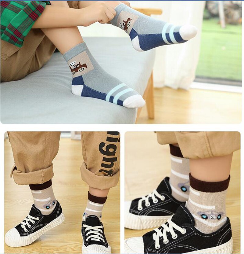 Chaussettes en coton pour enfants de 3 à 15 ans, pour garçons, jolis motifs de dessins animés, automne et hiver, 5 paires/lot