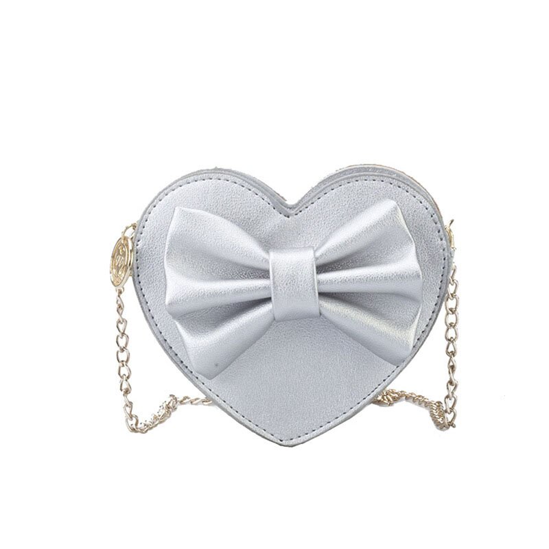 Baby Girls Cute Bow Handbags Heart Shaped Shoulder Bag Solid Color Crossbody Bags Small Purse PU Leather: Gray