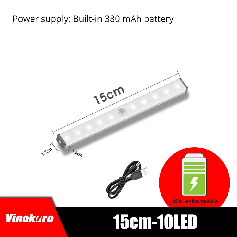 LED veilleuse capteur de mouvement armoire lampe USB Rechargeable placard nuit lampes pour garde-robe cuisine chambre étape éclairage: 15cm-10LED / Warm white light