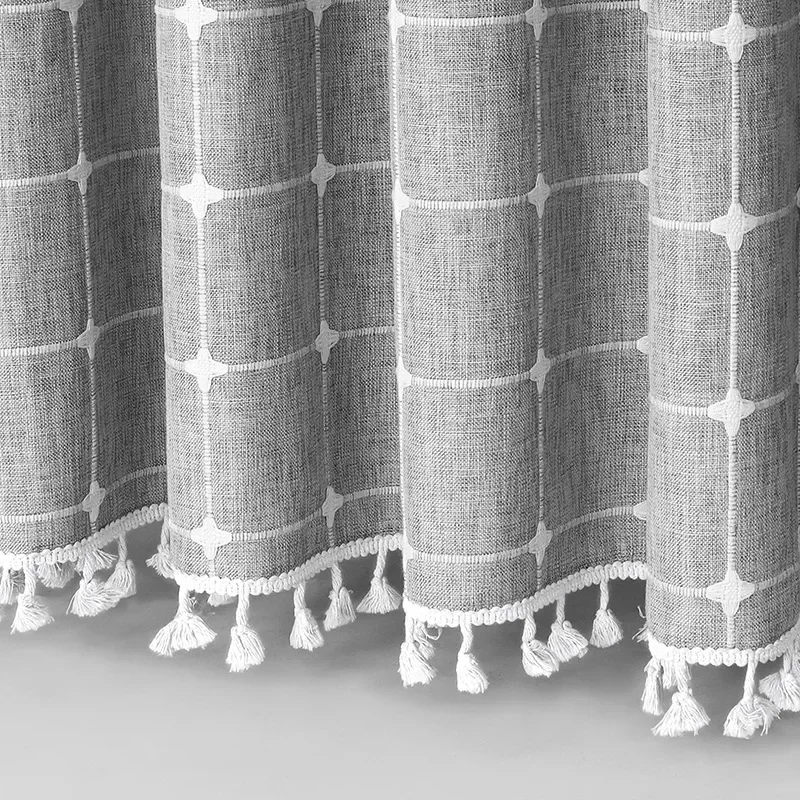 Cortina de ducha impermeable de lino Jacquard, cortina de baño a prueba de moho de estilo Pastoral a cuadros pequeños y frescos