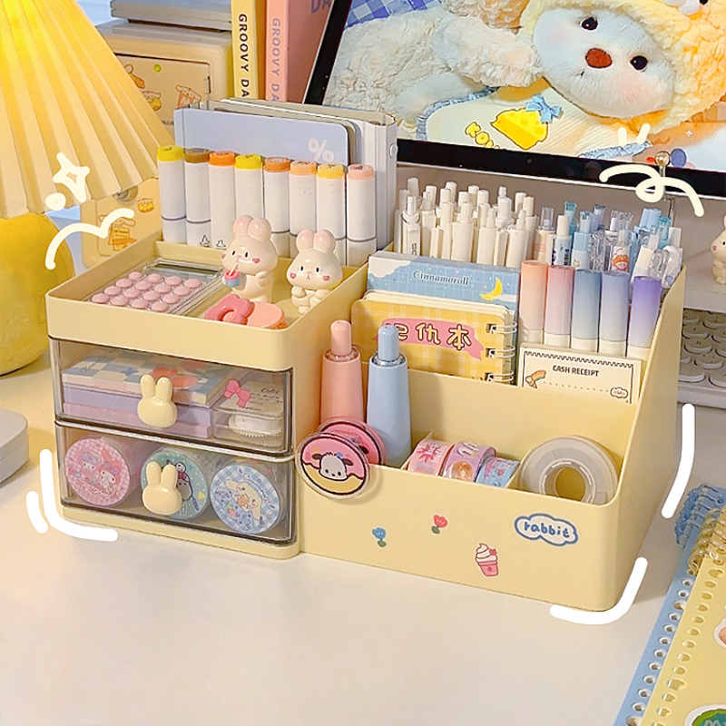 Organizador multifuncional de portalápices Kawaii, caja de almacenamiento de lápices de papelería de escritorio, cajón de escritorio, caja de almacenamiento multicapa Ins bonita