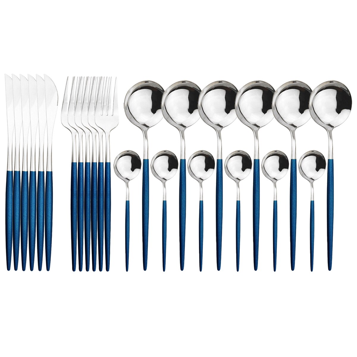 24Pcs Green Silver Cutlery Set Stainless Steel Dinnerware Set Knives Forks Spoon Dinner Tableware Set Kitchen Party Flatware Set: Blue Silver