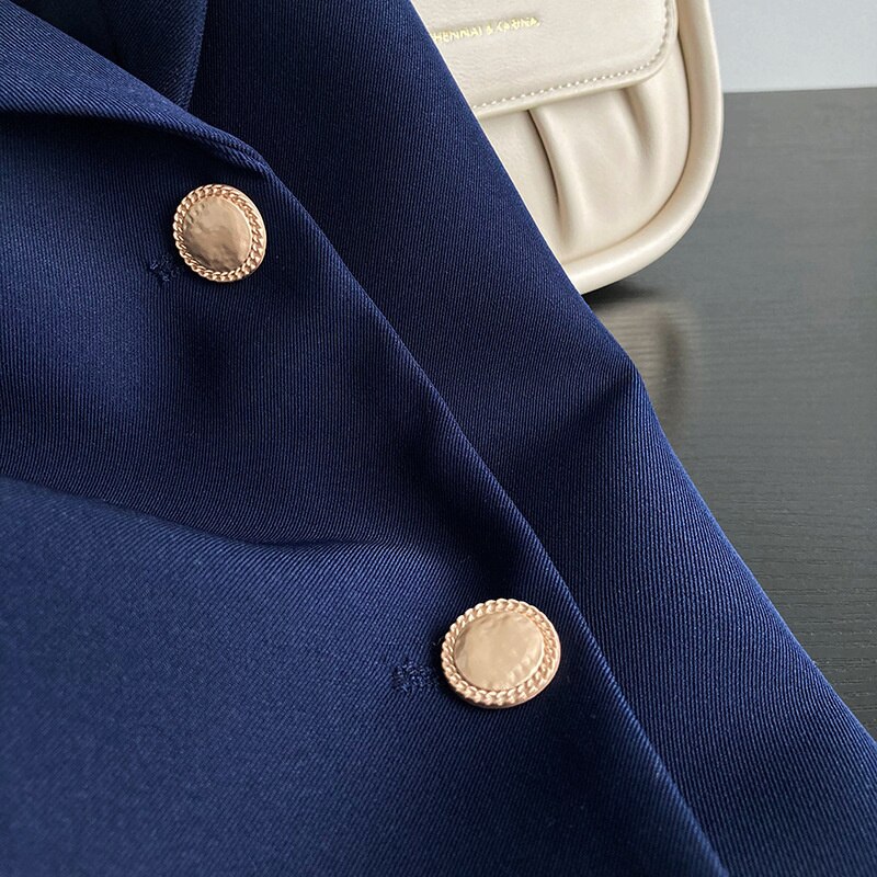 Solid Gold Button Detailed Lapel Button Up Crop Blazer Blue / Khaki Spring Women Short Jacket