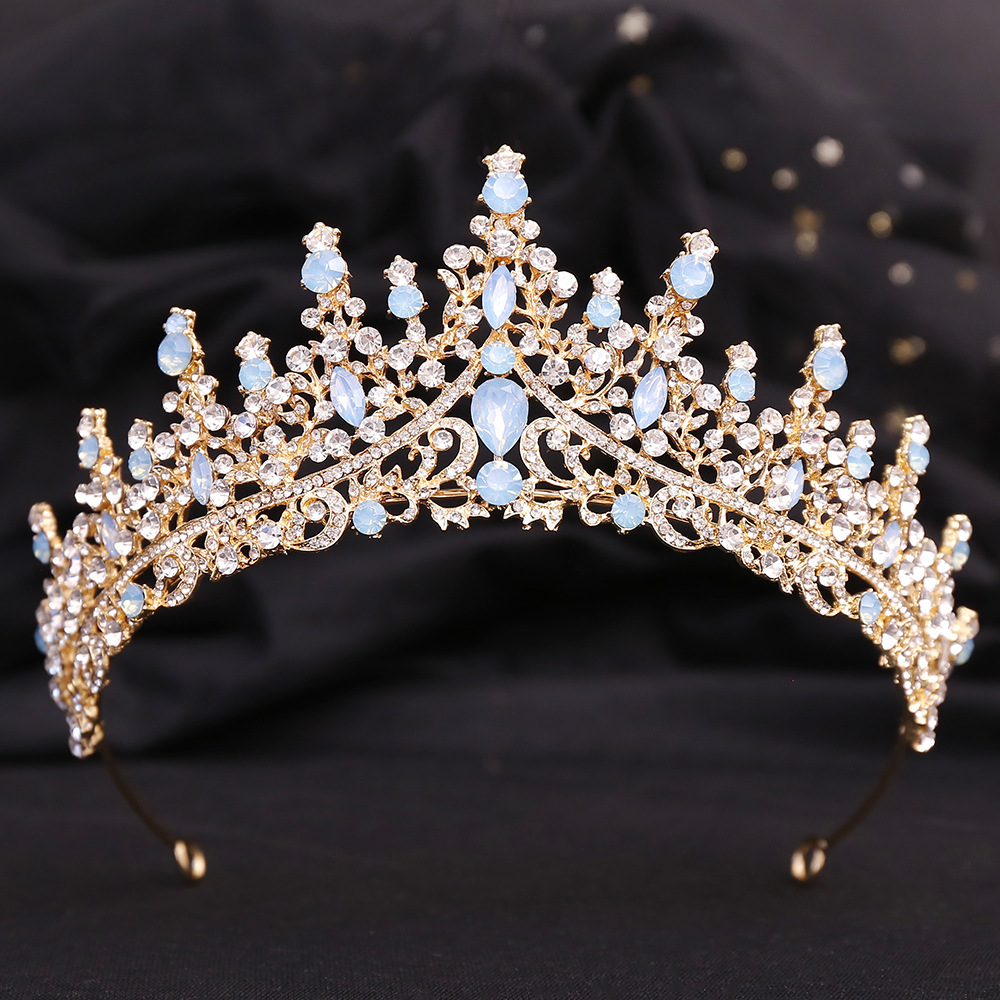 Zilveren Kleur Blauw Opaal Bruiloft Kroon Prinses Hoofdtooi Kristal Bruids Tiara 'S Strass Diadeem Bruiloft Haar Sieraden Accessoires: Puur Goud Kleur