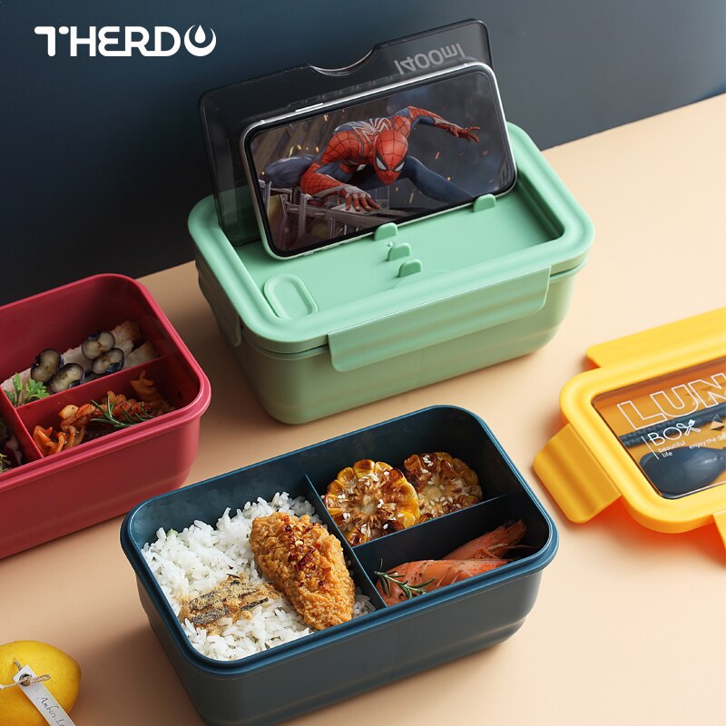 Grid Microwave Lunch Box Portable Japan Compartment Bento Box Simple Style Fruit Salad Container Storage For Kids With Tableware