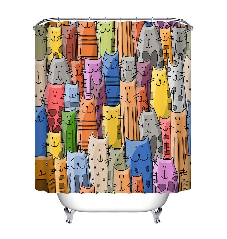 Kleurrijke Kat Gedrukt Bad Waterdicht Gordijn 3D Polyester Stof Douchegordijn met 12 Haken voor Mildewproof Badkamer Decor