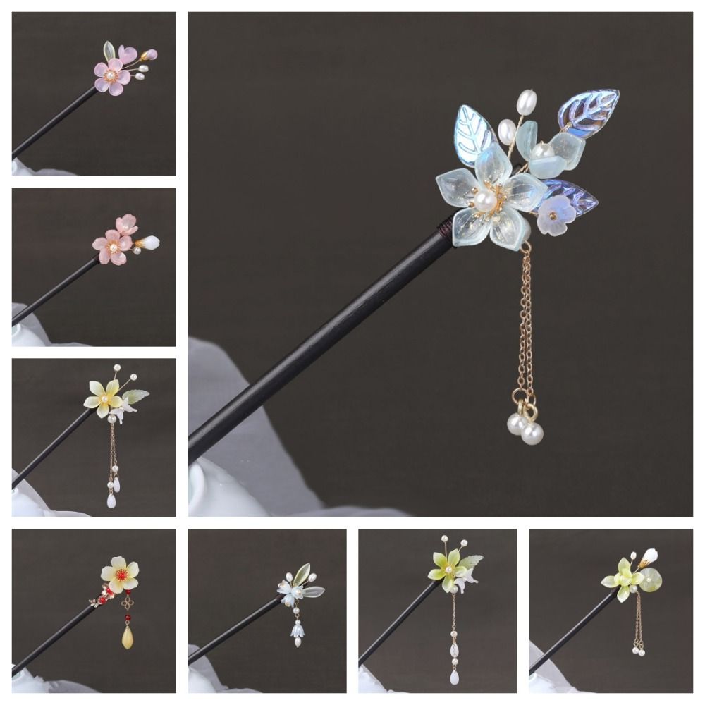 Tocados con borlas y flores, horquilla de madera para el cabello, horquilla para el cabello con perlas, accesorios para el cabello, horquilla Hanfu, palo para el cabello para niña