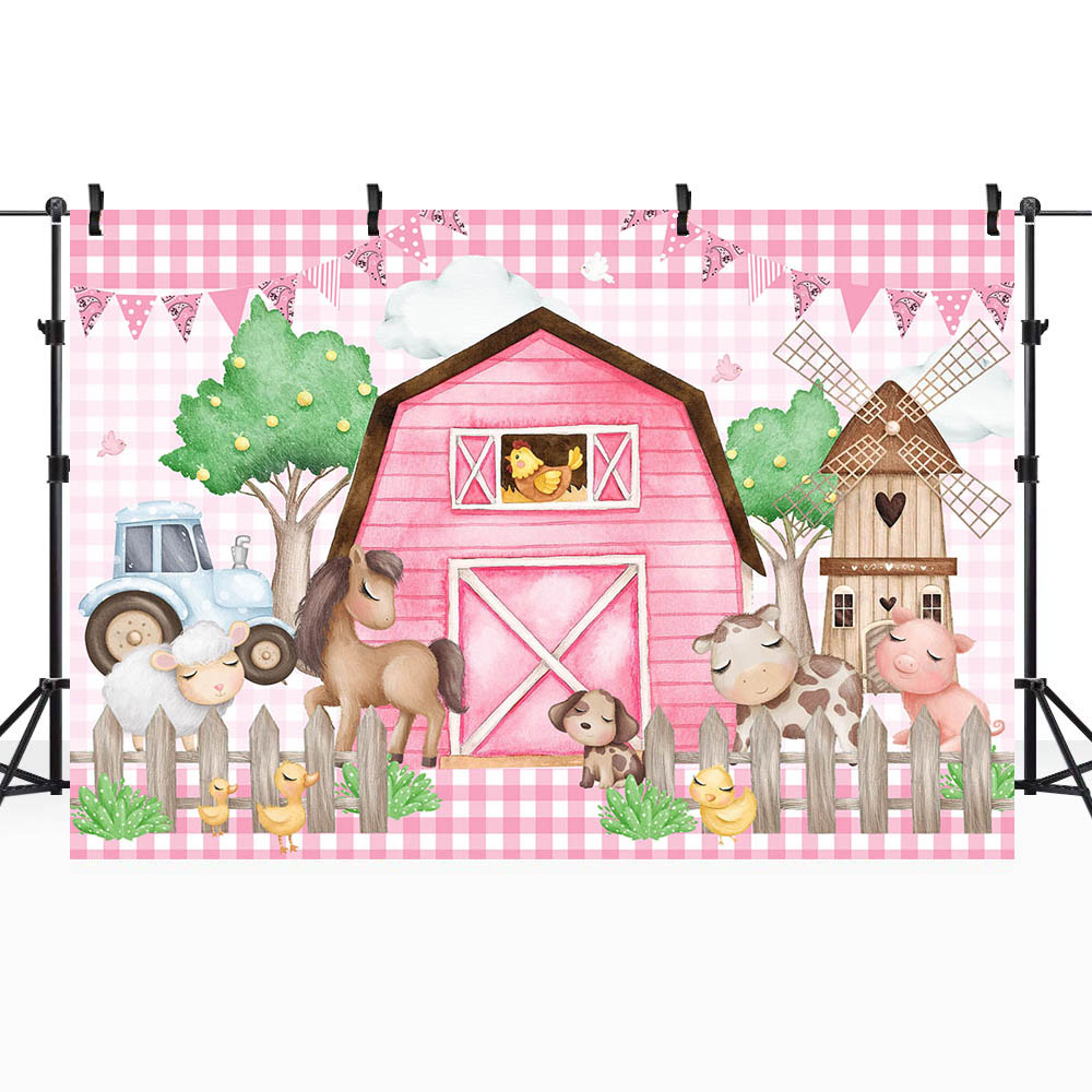 Mocsicka Pink Barn Farm sfondo per ragazza festa di compleanno Decor bambini carta da parati animali bambino sfondo tavolo Banner Studio puntelli