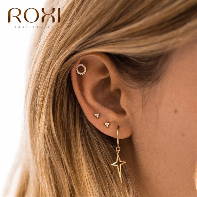 ROXI Minimalist 925 Sterling Silver Earrings for Women Cartilage Helix Three Ball Small Stud Earrings Piercing Jewelry