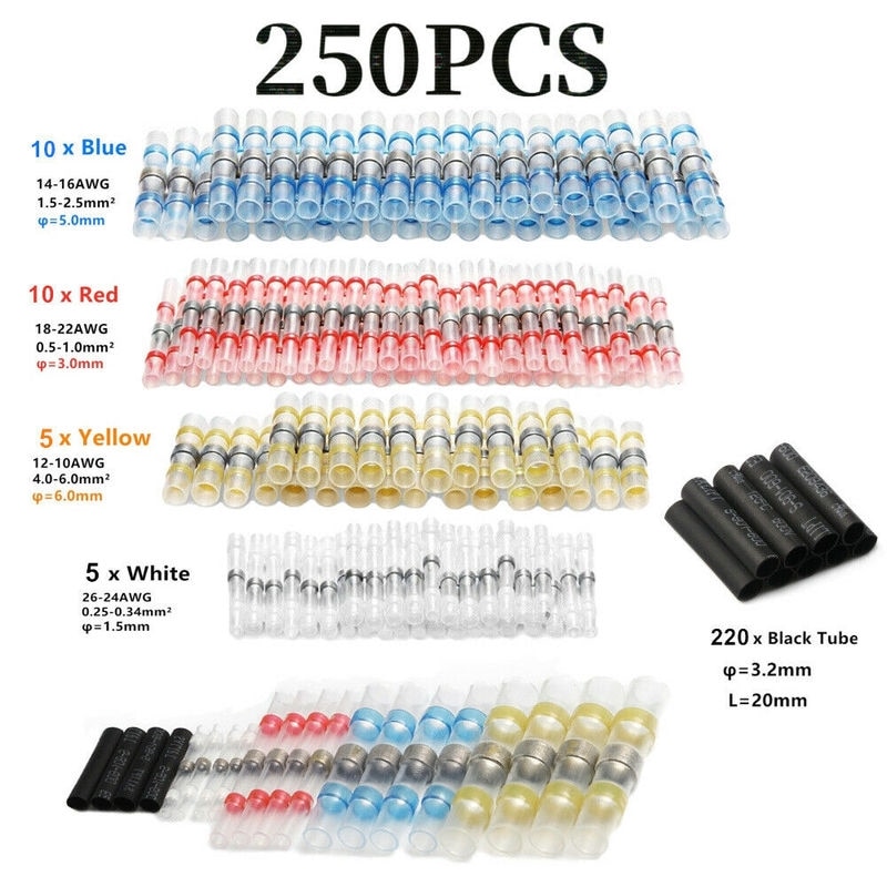 250 stuks soldeerhulzen voor draadklemmen, elektrische kabelverbindingen, vertind 26-10awg