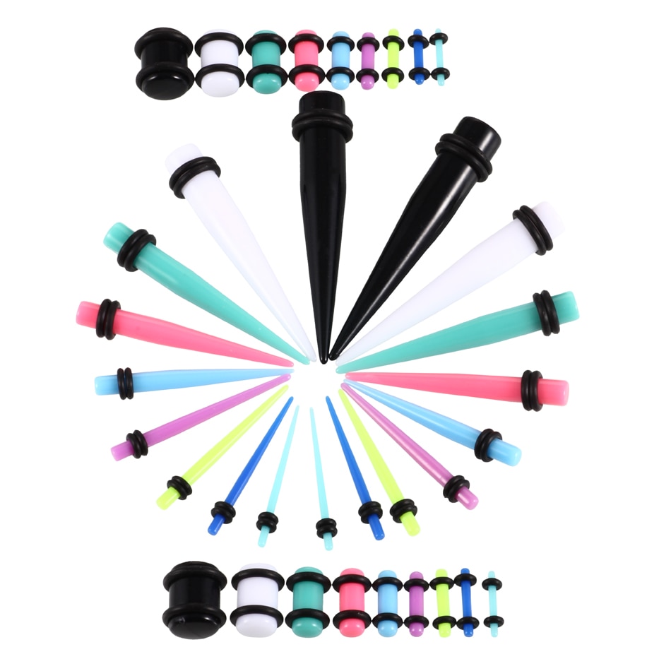 36 stuks/partij acryl oormeters in diverse kleuren, taps toelopend en plug-stretchsets, vleestunnel-uitbreidingssieraden voor het lichaam 14g-00g