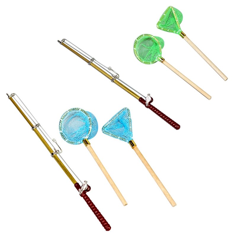 3Pcs Mini Fishing Set Fishing Net & Fishing Rod Decor Miniature Fishing Rod 40JC