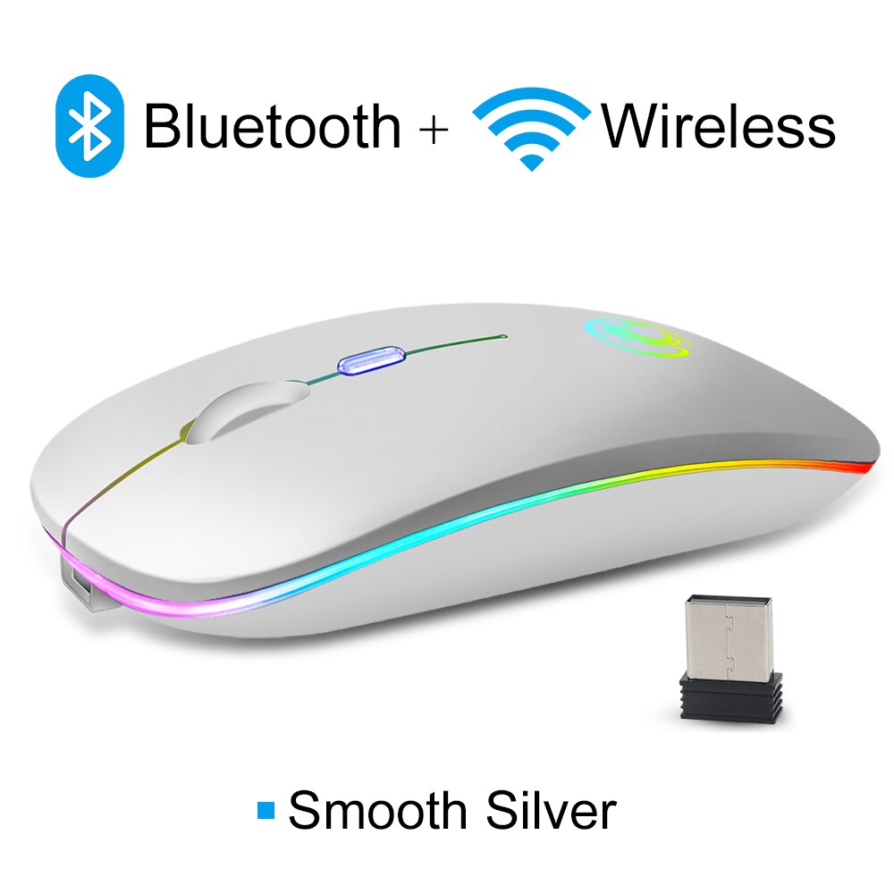 Draadloze Muis Bluetooth Computer Muis Mini Stille Mause Oplaadbare Ergonomische Muis 2400 DPI 2.4 Ghz Optische USB laptop Muizen: RGB Bluetooth Silver