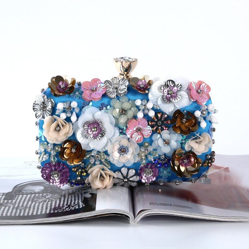 Fatti a mano di Lusso Del Fiore Della Decorazione Della Frizione Delle Donne di Sera del Sacchetto Femme Catena di Metallo Borsa Con Tracolla Del Partito Della Sposa Della Borsa Borse Pochette Borsa: Blu