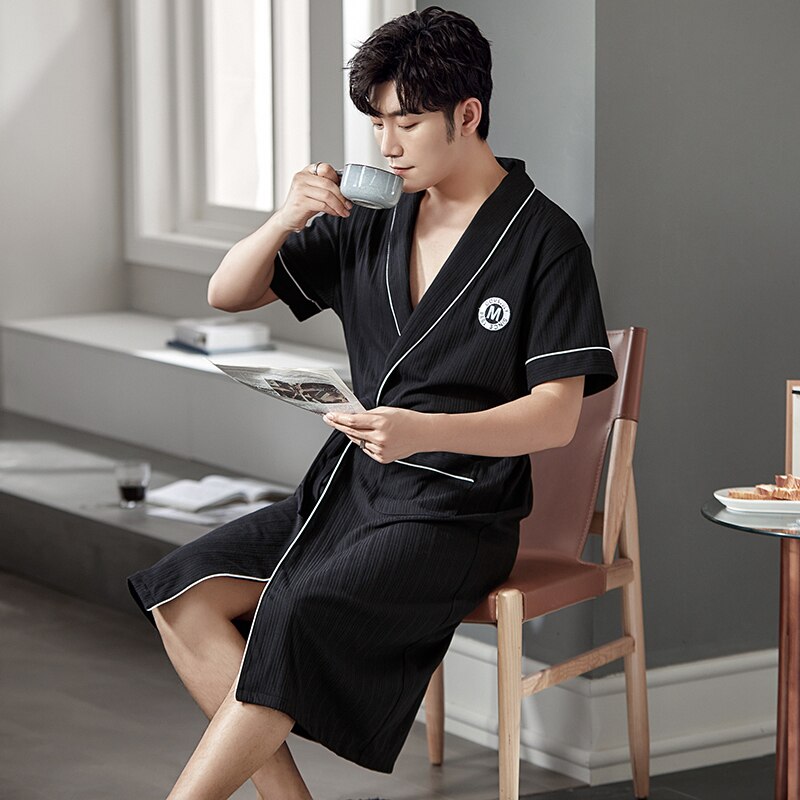 Zomer Gebreide Katoenen Mannen Gewaad Korte Mouwen Vest Casual Zachte Nachtjapon Losse Plus Size L-4XL Mannelijke Badjas