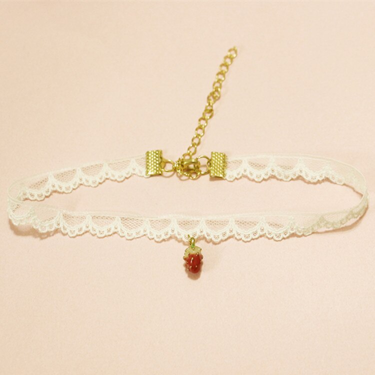Harajuku Accessoires Wit Kant Zoete Aardbei Choker Ketting Voor Vrouwen Lolita Kawail Charm Asethetic Sieraden Party