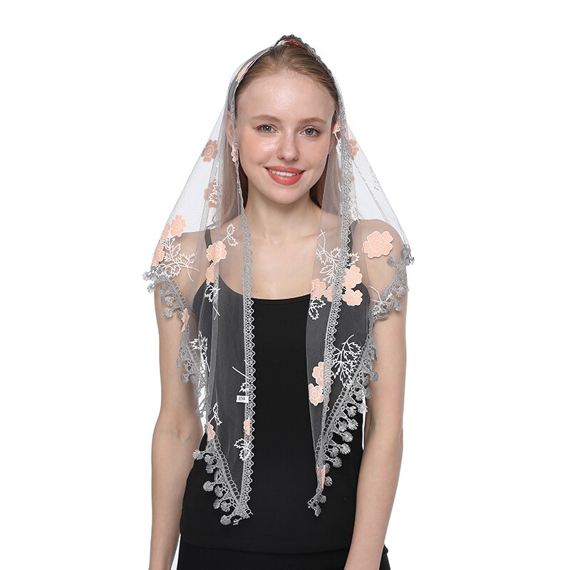 Lenço feminino triangular xale de renda para igreja, véu transparente bordado espanhol de renda para igrejam: 1