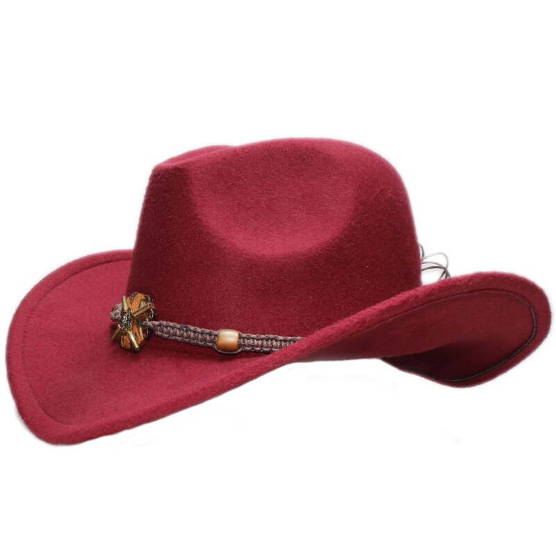 Sombrero de vaquero de ala ancha para hombre y mujer, gorro de lana de estilo Vintage, estilo occidental, Formal, con lazo, banda de cuentas de punto de madera, 61cm, talla grande: Wine