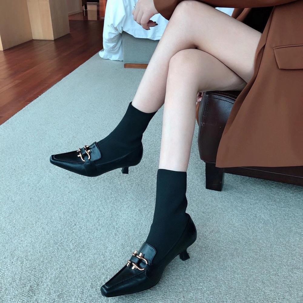 Dames sokken laarzen instappers dunne middelhoge hakken puntige enkellaarsjes stretch botas zwart bruine korte laarzen vrouw