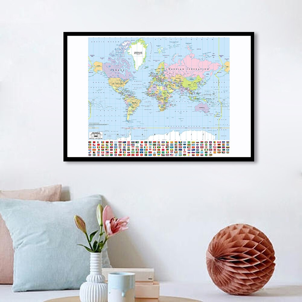 3*2 Feet Political Map of The World with National Flags Canvas Painting Wall Art Poster School Supplies Classroom Home Decor