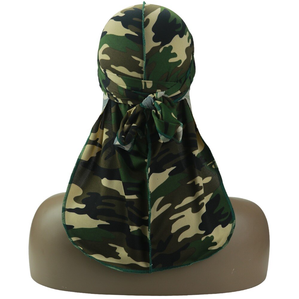 Silky Camo Durag 360, 540,720 Waves Extra Long Tail and Wide Straps for Men Stitching Outside Camouflage Print Durag