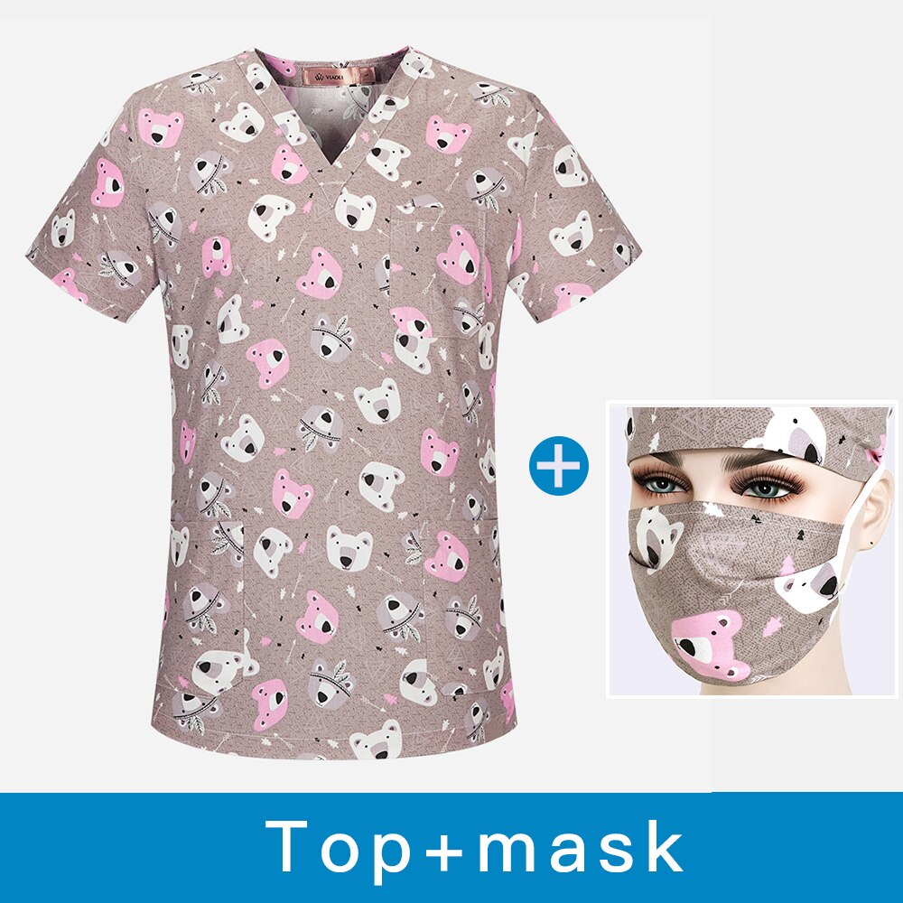 breathable cartoon printing nursing scrub unisex dental care uniform workwear shirt cotton workwear top + hat: top mask / XXL