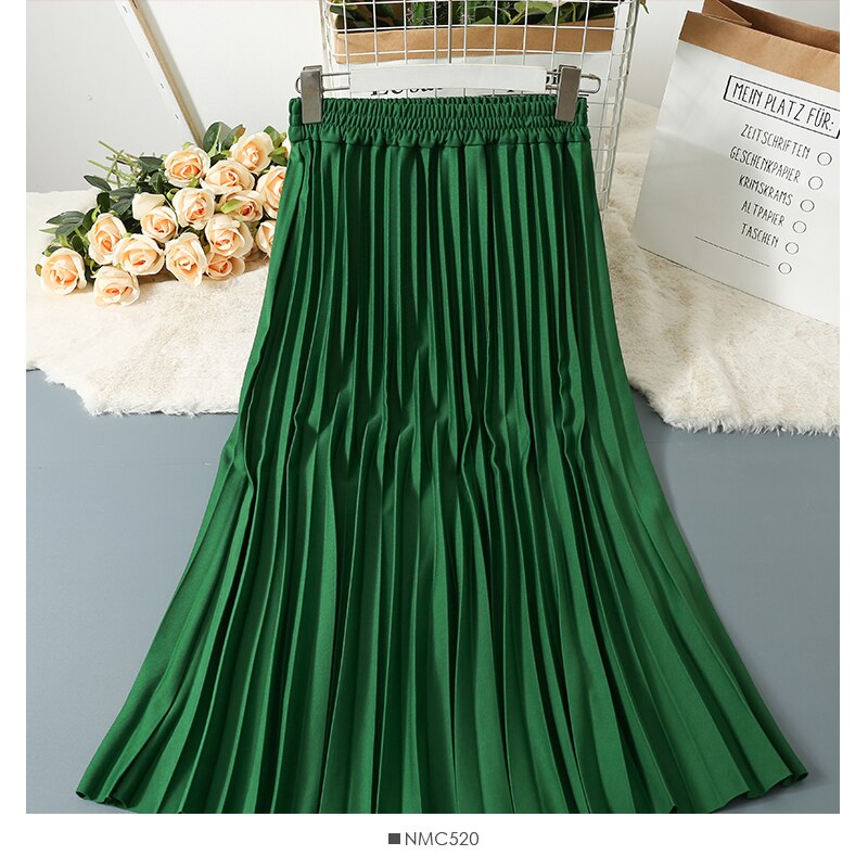 Faldas plisadas de Color liso para mujer, faldas informales de cintura alta elástica, línea A, para y playa, primavera y otoño, 2022: Verde