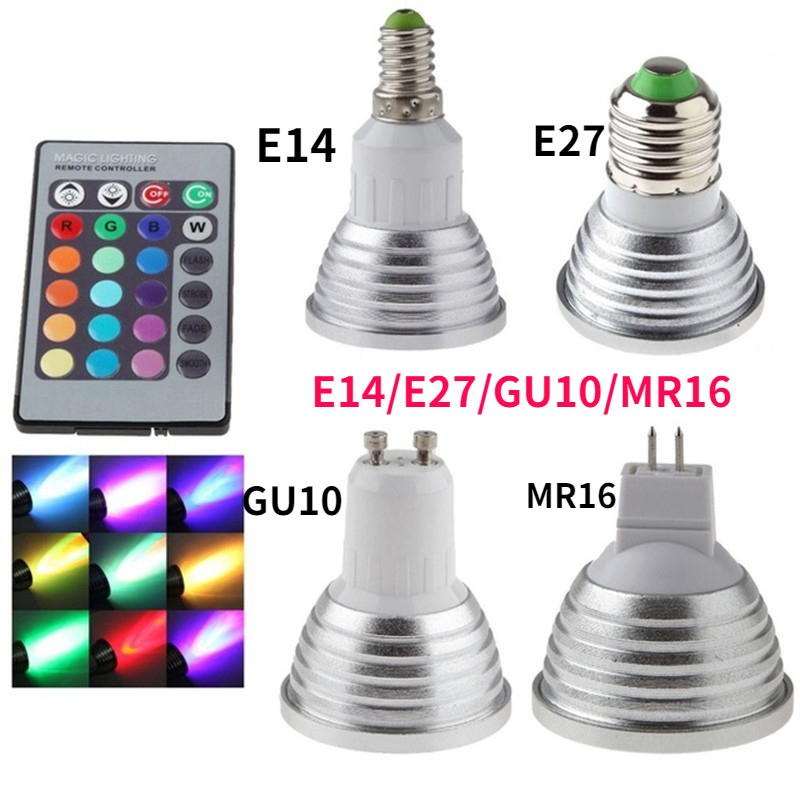 foco LED RGB 3W E27 E14 GU10 GU5.3 MR16 con Control remoto de 24 teclas bombillas de luz regulables de Color para decoración del hogar