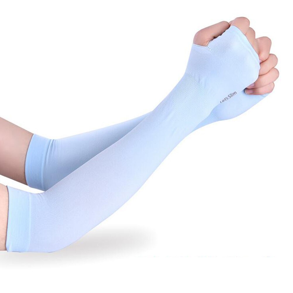 Mangas de brazo de seda helada, Protector solar, guantes largos, protección de mano UV, para exteriores brazo, calentador de medio dedo, 2 uds.: Azul