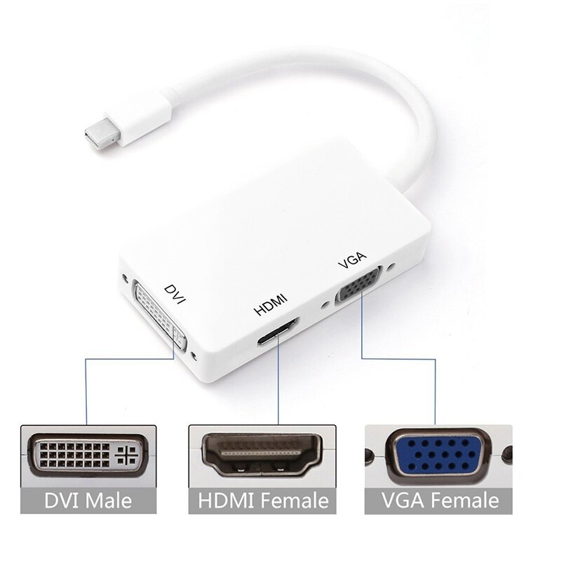 Mini dp til hdmi dvi vga adapter 3 in 1 hub mini displayport 1080p video adapter konverter til imac apple pro air (hvid)