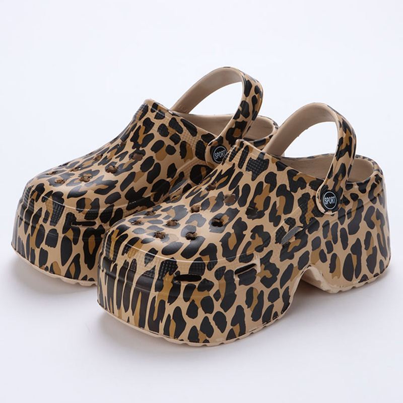 Zuecos de fondo grueso de leopardo para mujer, sandalias de plataforma gruesas con punta cerrada, zapatillas de tacón de cuña súper alto para verano 2023: Negro / 38