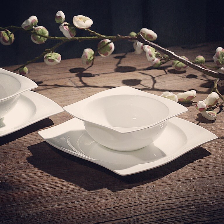 European-style pure white bone china bowl and plate set special-shaped western plate salad bowl hotel set ceramic tableware