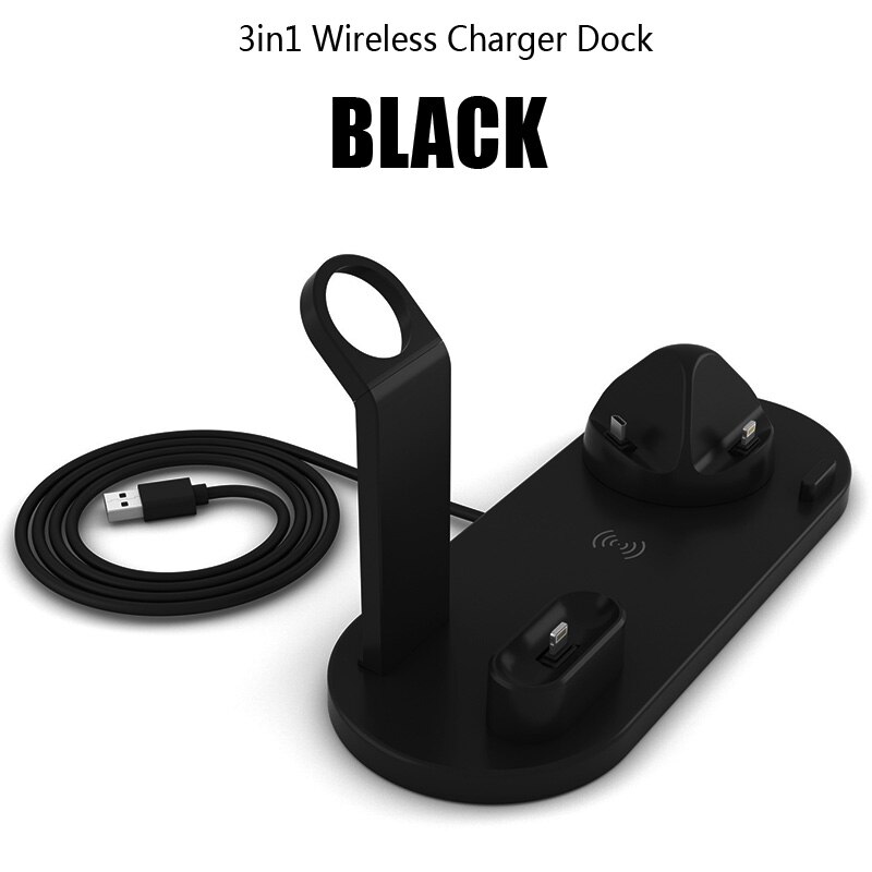 Suporte de carregador sem fio qi, doca para carregamento para iphone 11 xs xr 8 plus airpods, apple watch 5, 4, 3, 2, 1 estação de carregamento rápido sem fio 10w pro: Charge Dock Black
